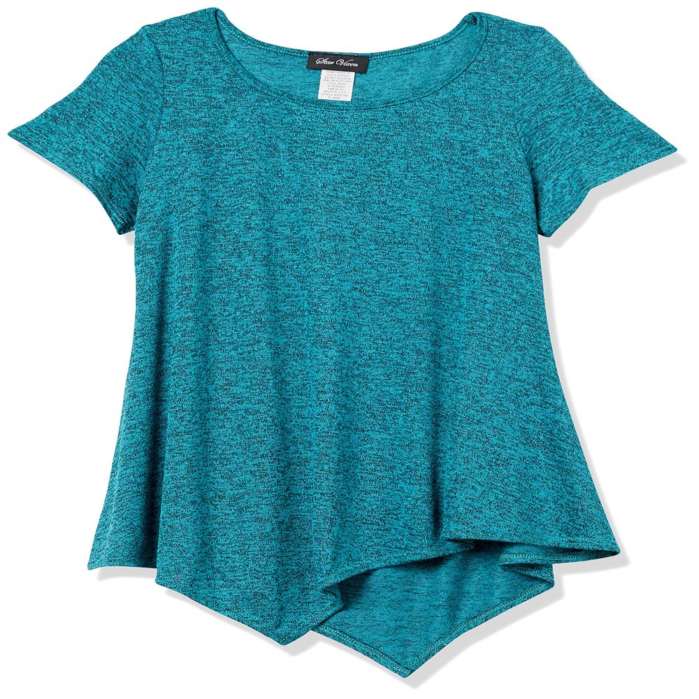 Star Vixen Women's Petite Short SLV Flattering Hanky Hem Sweater Knit Top, Teal, PS