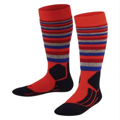 FALKE Unisex Kids SK2 Intermediate Stripes Ski Socks, Medium Cushion, Patterned, Breathable Quick Dry, Merino Wool, Orange (Samba Orange 8182), 10-12.5, 1 Pair