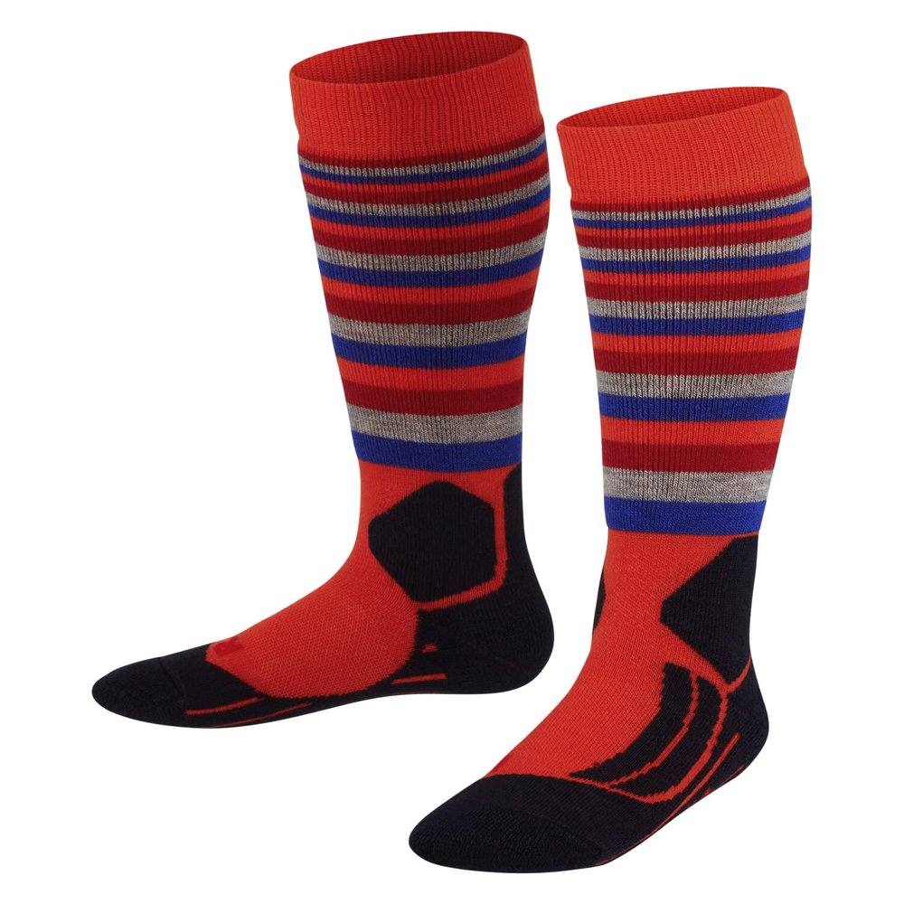 FALKE Unisex Kids SK2 Intermediate Stripes Ski Socks, Medium Cushion, Patterned, Breathable Quick Dry, Merino Wool, Orange (Samba Orange 8182), 10-12.5, 1 Pair