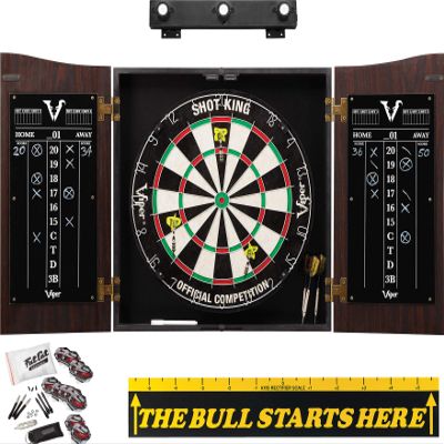 Viper by GLD Products Vault Cabinet with Shot King Sisal Dartboard, Shadow Buster Dartboard Lights, Steel Tip Dart Accessories Kit & The Bull Starts Here Throw Line Marker, Black