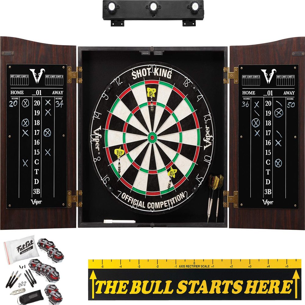Viper by GLD Products Vault Cabinet with Shot King Sisal Dartboard, Shadow Buster Dartboard Lights, Steel Tip Dart Accessories Kit & The Bull Starts Here Throw Line Marker, Black