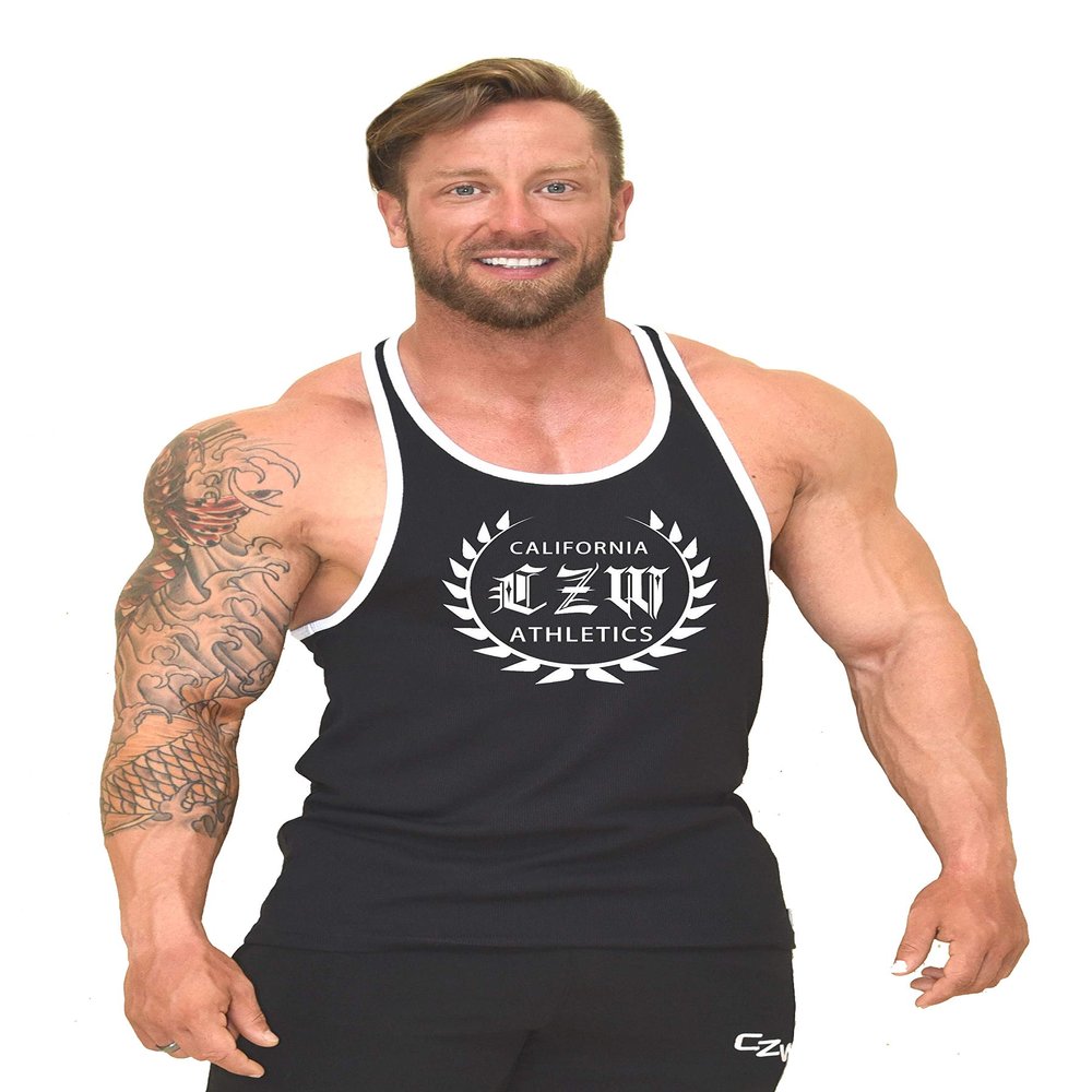 Men's Black with White Trim Bodybuilding, Y-Back, Gym Fitness, Workout, Training, Tank Top in and California CZW Athletics