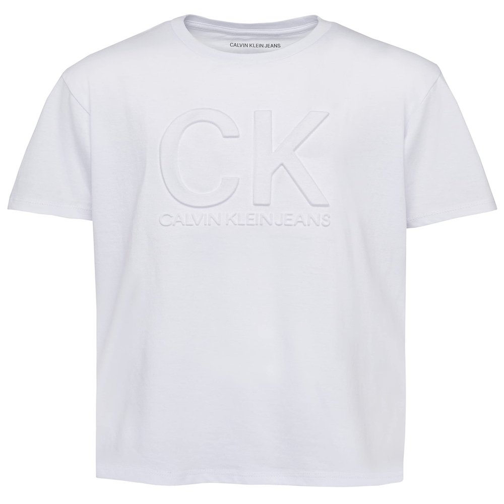 Calvin Klein Boys' Short Sleeve Graphic Crew Neck T-Shirt, Comfortable, Relaxed Fit, Deboss White, 14-16