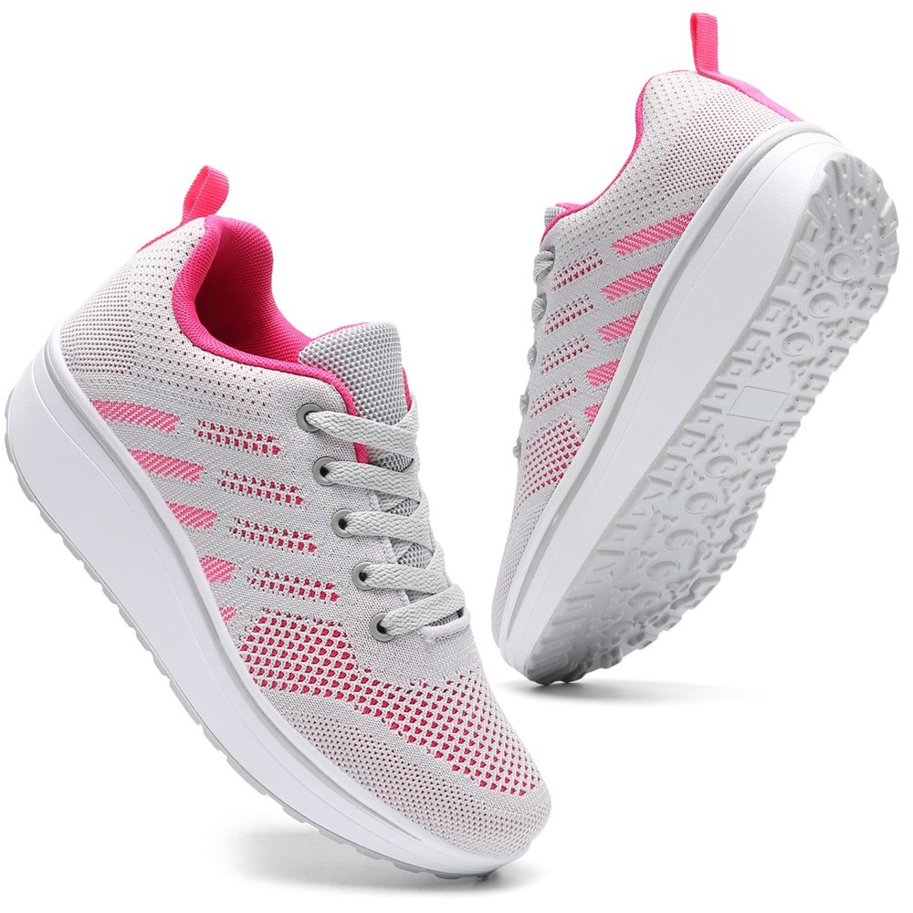 DADAWEN Women's Slip On Breathable Mesh Walking Tennis Shoes Lightweight Comfort Wedge Platform Casual Sneakers for Gym Travel Work Gray/Hot Pink US Size 10