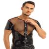 dPois Mens Shiny Wetlook Leather Fishnet Splice Short Sleeve Muscle Slim Fit Clubwear Tops Shirt Black XX-Large view 1