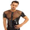 dPois Mens Shiny Wetlook Leather Fishnet Splice Short Sleeve Muscle Slim Fit Clubwear Tops Shirt Black XX-Large view 2