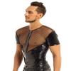 dPois Mens Shiny Wetlook Leather Fishnet Splice Short Sleeve Muscle Slim Fit Clubwear Tops Shirt Black XX-Large view 3