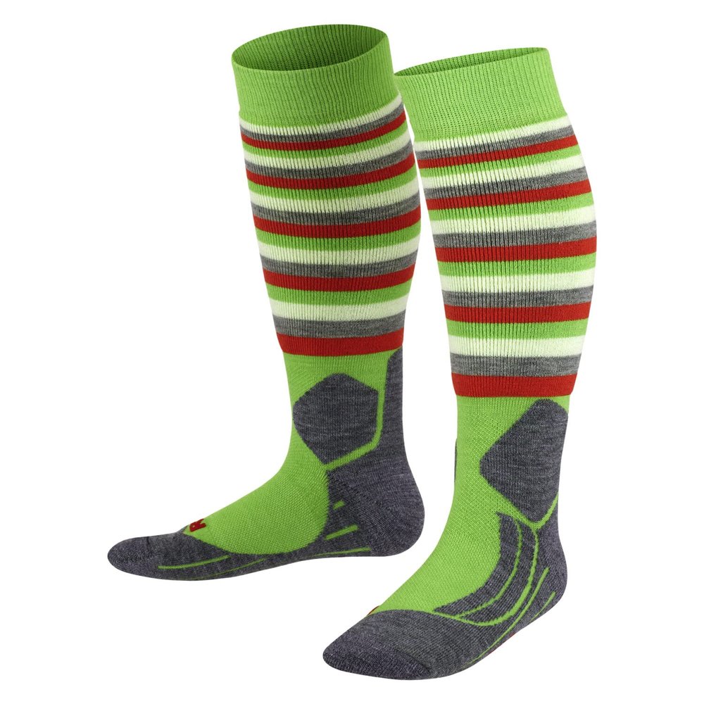 FALKE Unisex Kids SK2 Intermediate Stripes Ski Socks, Medium Cushion, Patterned, Breathable Quick Dry, Merino Wool, Green (Vivid Green 7231), 13-3.5, 1 Pair