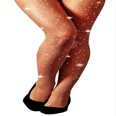 MengPa Women's Fishnets Sparkly Tights High Waist Rhinestone Stockings Party Thigh High Pantyhose (Small Hole-Nude) US2466K