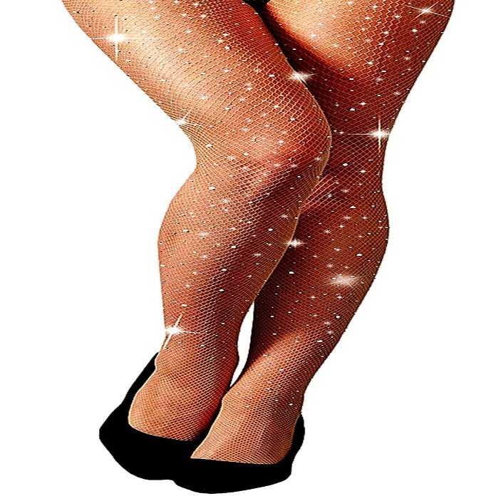 MengPa Women's Fishnets Sparkly Tights High Waist Rhinestone Stockings Party Thigh High Pantyhose (Small Hole-Nude) US2466K