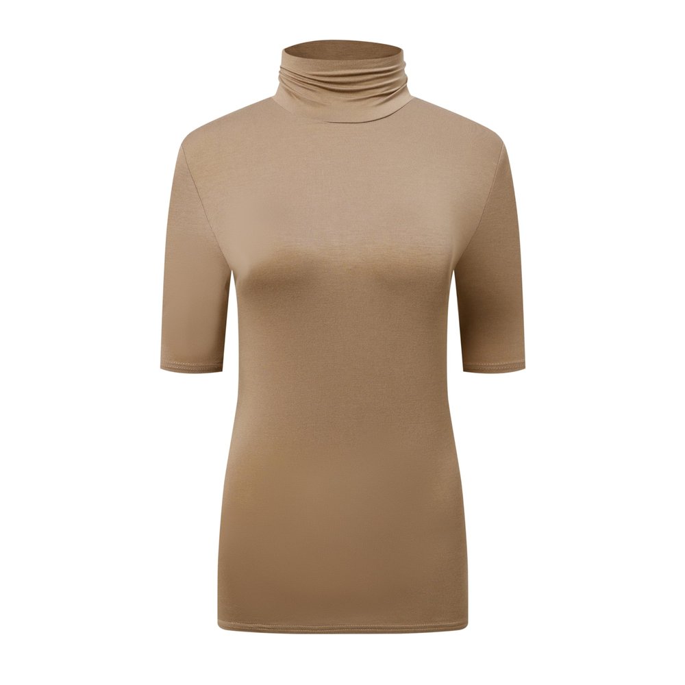 OThread & Co. Women's Half Sleeve Turtleneck T-Shirt Basic Stretch Layer Comfy High Neck Top (Large, Coffee)
