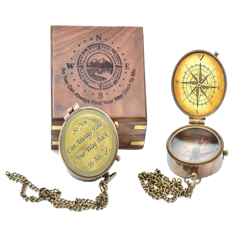 Engraved Nautical Compass, Personalized Compass, Mens Gift, Groomsmen Gift, Wedding Gift, Hiking Gift, Corporate Gift, (Inside Engraved with Wooden Box)