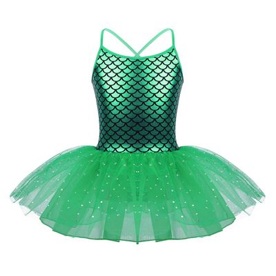 easyforever Kids Girls Glittery Mermaid Scales Printed Ballet Dance Tutu Dress Ballerina Costume Skating Leotard Dress Green 8