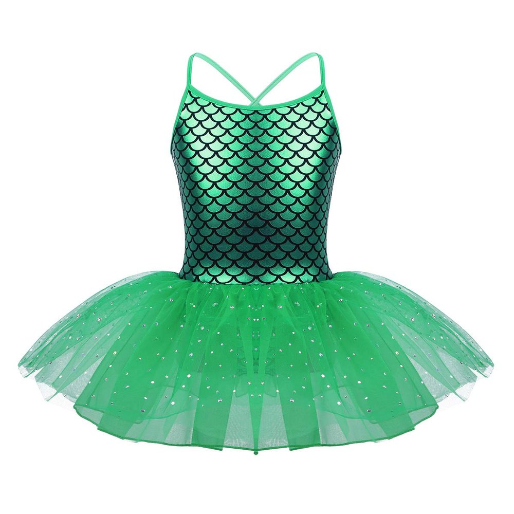 easyforever Kids Girls Glittery Mermaid Scales Printed Ballet Dance Tutu Dress Ballerina Costume Skating Leotard Dress Green 8