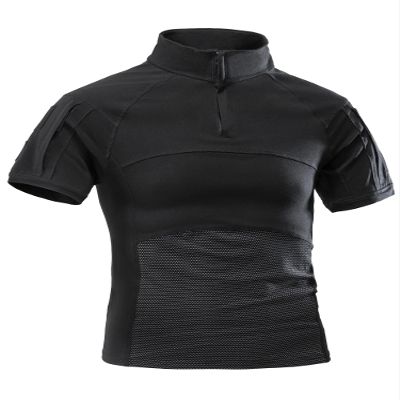 AKARMY Men's Military Short Sleeve T-Shirt, Tactical Cargo Pullover Polo Shirts, Outdoor Camo Shirt with 1/4 Zipper 0312 Black