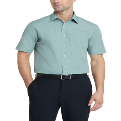 Van Heusen Men's Short Sleeve Dress Shirt Regular Fit Poplin Solid, Ocean Mist, 15" Neck (Medium)
