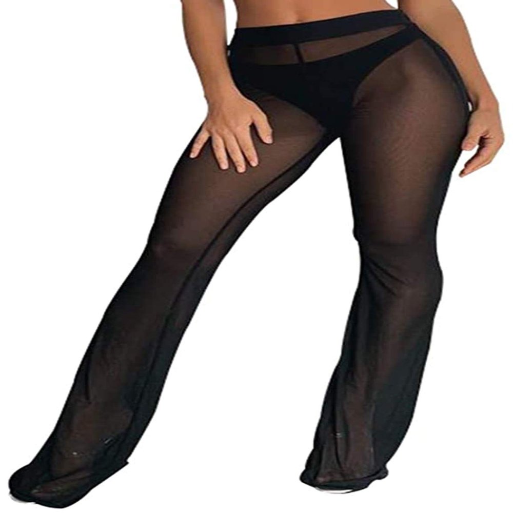 Awoscut Women See Through Sheer Mesh Pants Beach Swimsuit Bikini Bottom Cover up Party Club Elastic High Waist Wide Leg Pants (D-Black, S)
