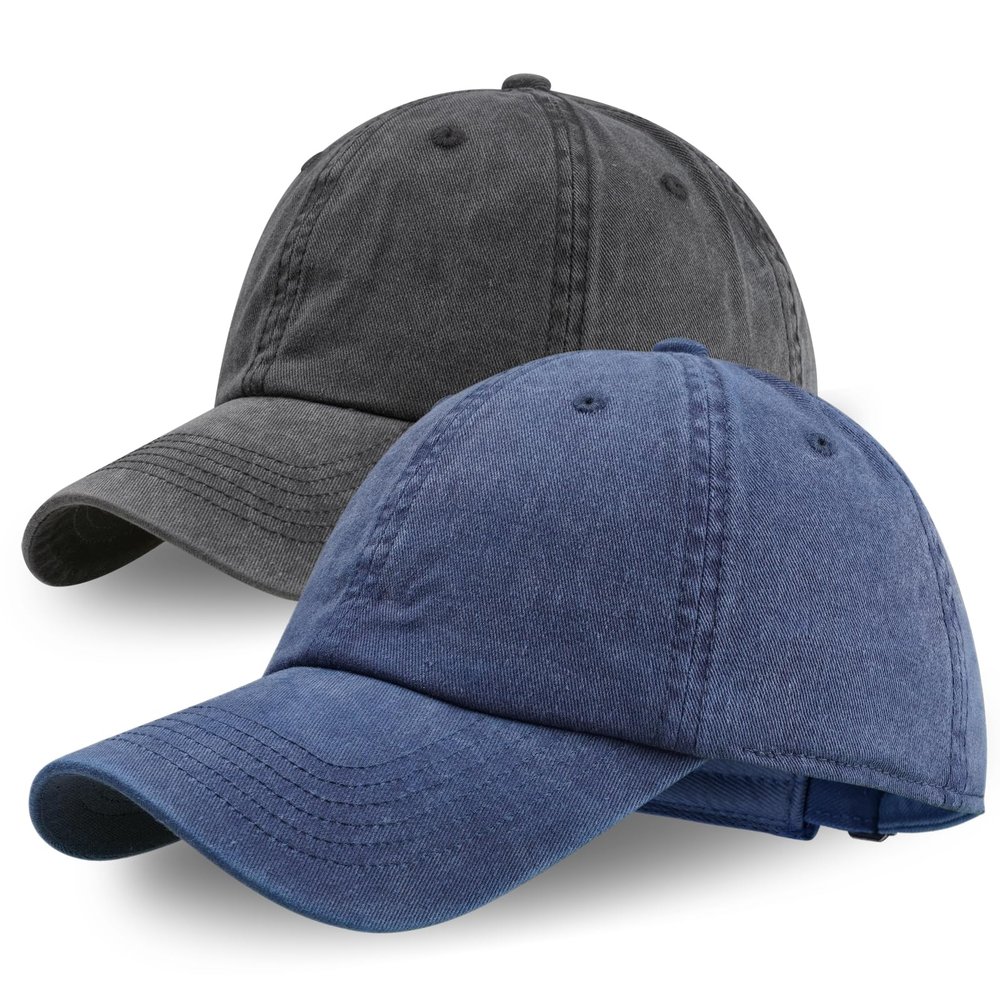 2 Pack Baseball Caps Golf Dad Hats,Ajustable Vintage Washed Cotton Ball Cap for Men Women(Navy Blue+Black)