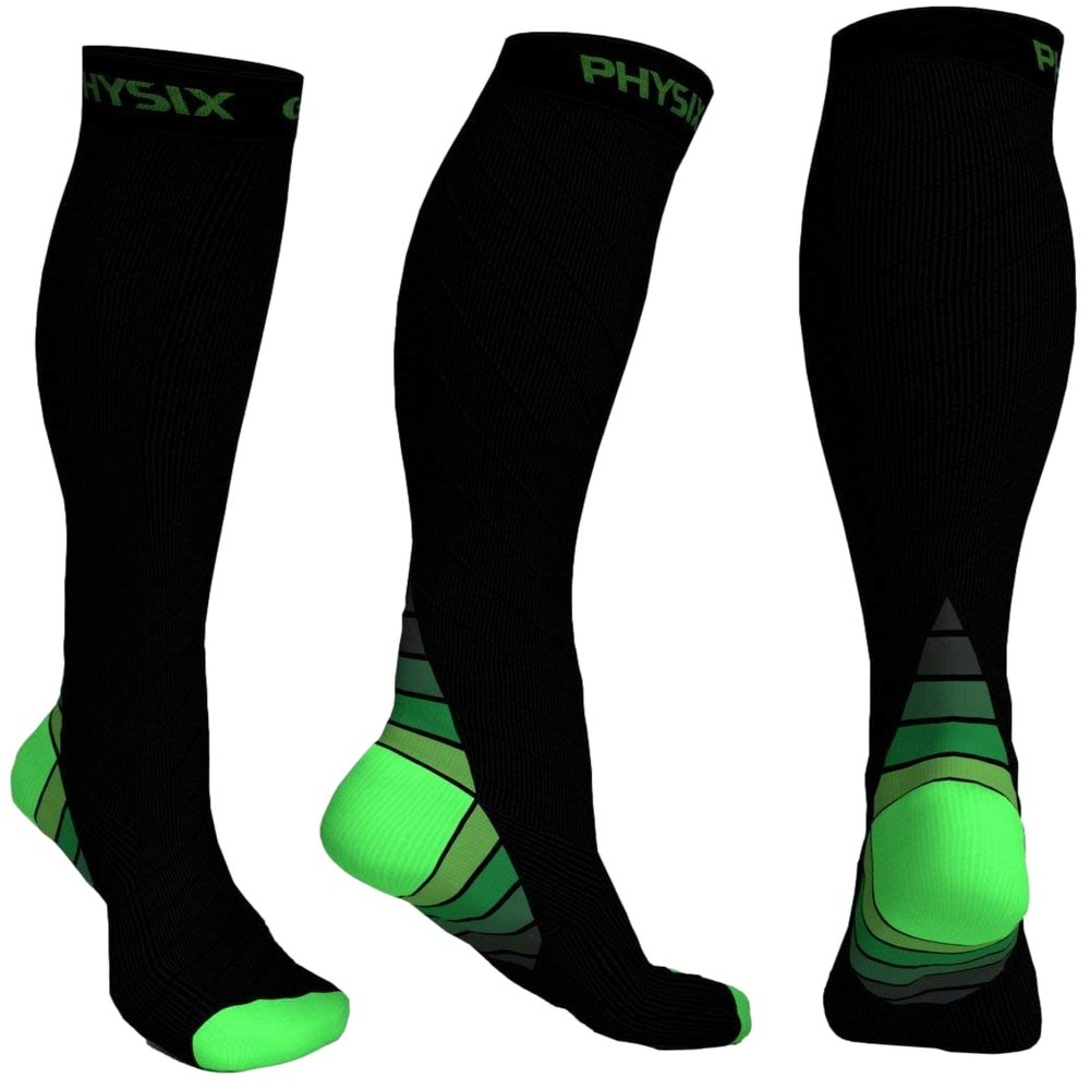 Physix Gear Compression Socks - Best Men & Womens Compression Socks for Circulation, Running, Nurses, Athletic Use Sock Compression, Blood Pressure Socks, Calcetines de Compresion, Black/Green, XXL