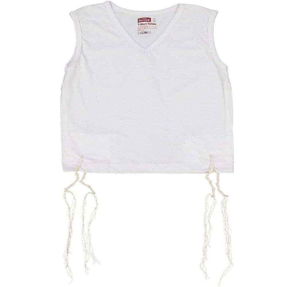 Keter Judaica Boys Perf-Tzit V-Neck Undershirt Tzitzis with Ashkenaz Strings - White, 7