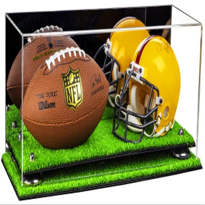 Better Display Cases Acrylic Mini - Miniature (not Full Size) Football and Helmet Display Case with Mirror Case, Silver Risers and Turf Base (A019-SR)