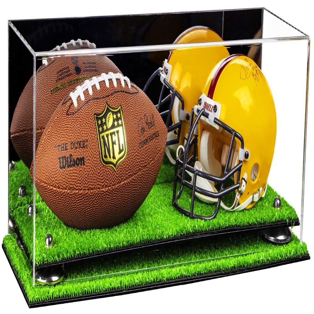 Better Display Cases Acrylic Mini - Miniature (not Full Size) Football and Helmet Display Case with Mirror Case, Silver Risers and Turf Base (A019-SR)
