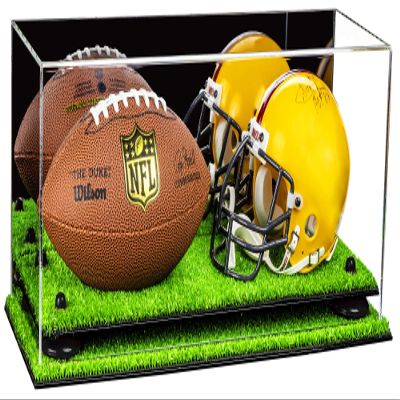 Better Display Cases Acrylic Mini - Miniature (not Full Size) Football and Helmet Display Case with Mirror Case, Black Risers and Turf Base (A019-BR)
