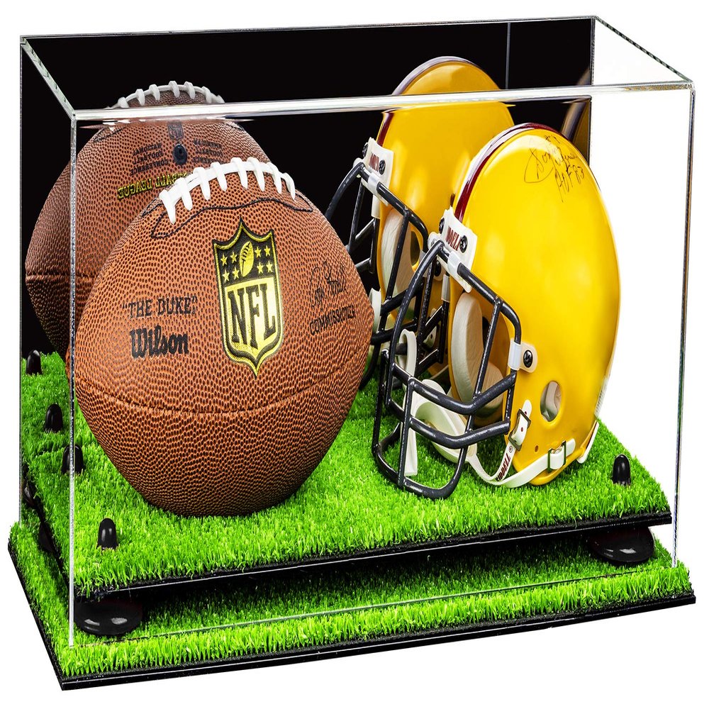 Better Display Cases Acrylic Mini - Miniature (not Full Size) Football and Helmet Display Case with Mirror Case, Black Risers and Turf Base (A019-BR)