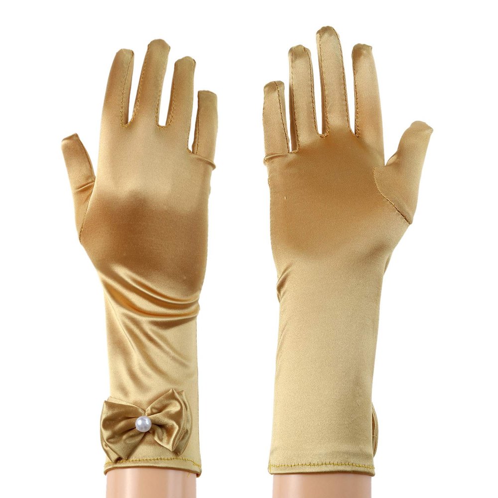 RUNHENG Kids Stretchy Satin Long Finger Dress Bowknot Gloves, 11.4 Inch (Gold)