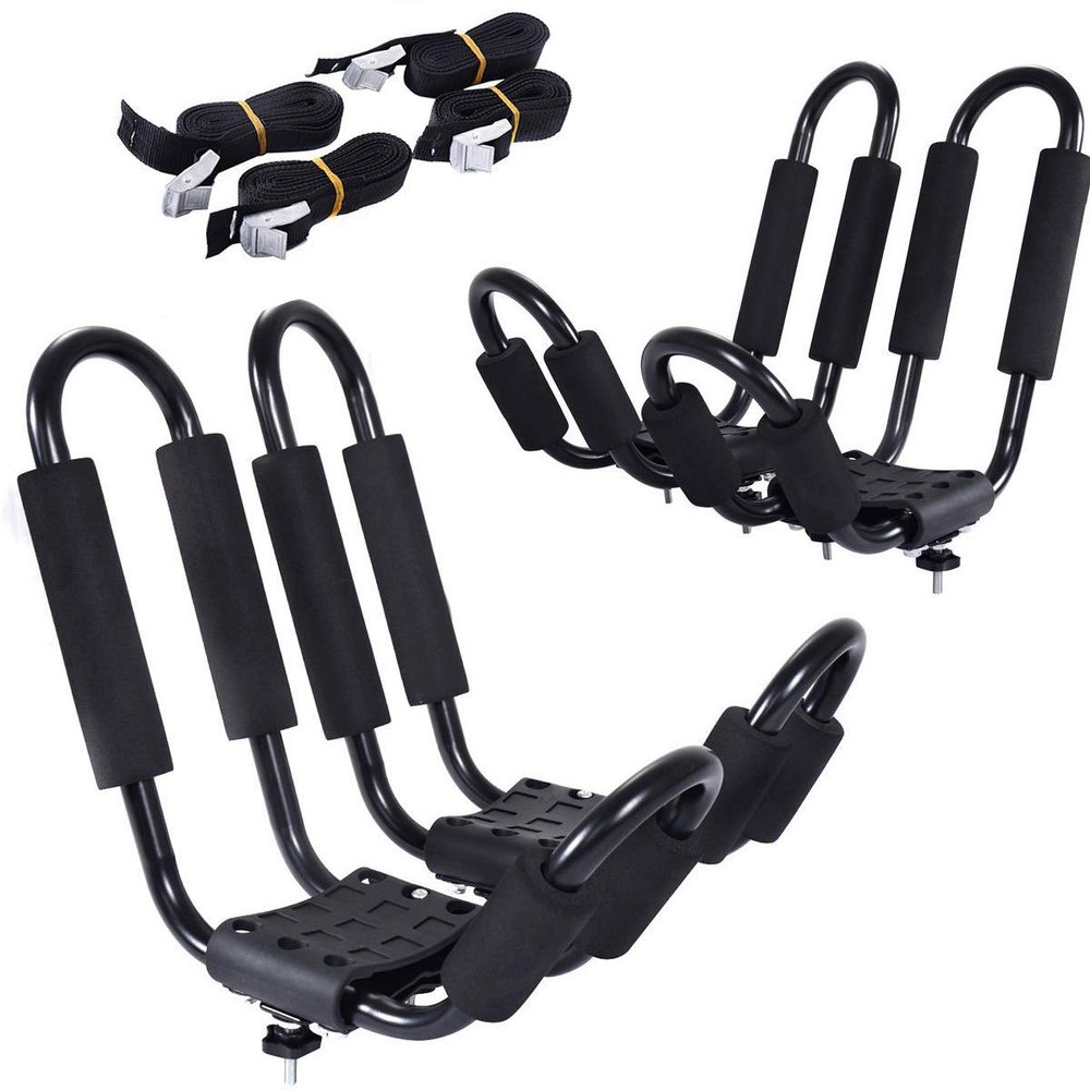 Goplus 2 Pairs Kayak Roof Rack, Universal Kayak Carrier J-Bar Rack with 4 Tie Down Straps, Canoe Boat SUP Surfboard Ski Board Rooftop Mount Rack on Car SUV and Truck Crossbar