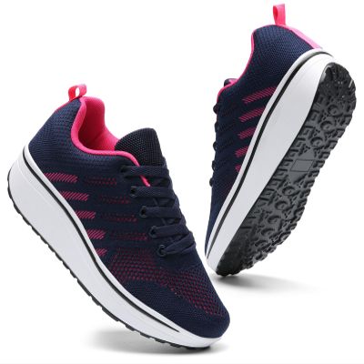 DADAWEN Women's Slip On Breathable Mesh Walking Tennis Shoes Lightweight Comfort Wedge Platform Casual Sneakers for Gym Travel Work Navy/Hot Pink US Size 7.5