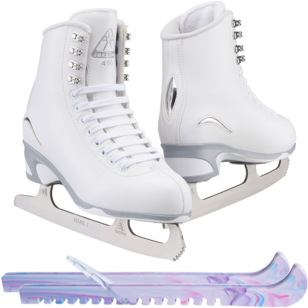 Jackson Ultima White Figure Ice Skates for Women/Adult 10 Bundle with Guardog Berry Blend Swirlz Skate Guards