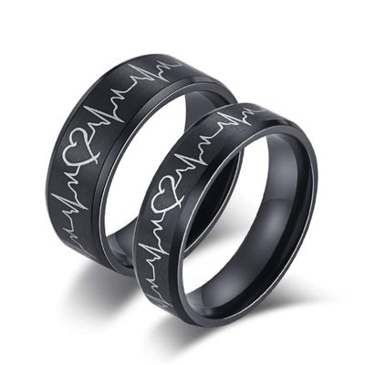 Blowin 8mm EKG Heartbeat Engagement Wedding Band Black Stainless Steel Promise Ring for Men Comfort Fit (His Size 9)