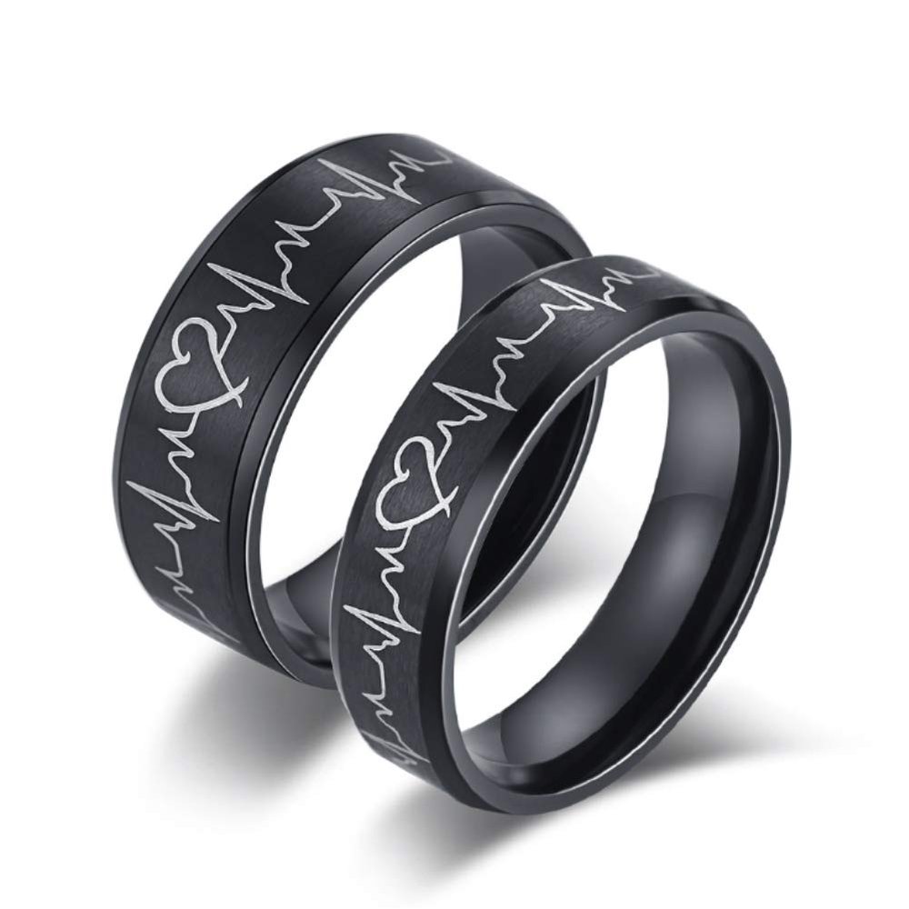 Blowin 8mm EKG Heartbeat Engagement Wedding Band Black Stainless Steel Promise Ring for Men Comfort Fit (His Size 11)