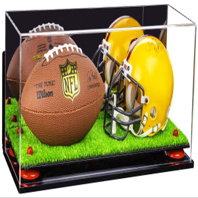 Better Display Cases Acrylic Mini - Miniature (not Full Size) Football, Helmet Display Case with Mirror Case, Red Risers, Turf Base and WallMount (A019-RR)