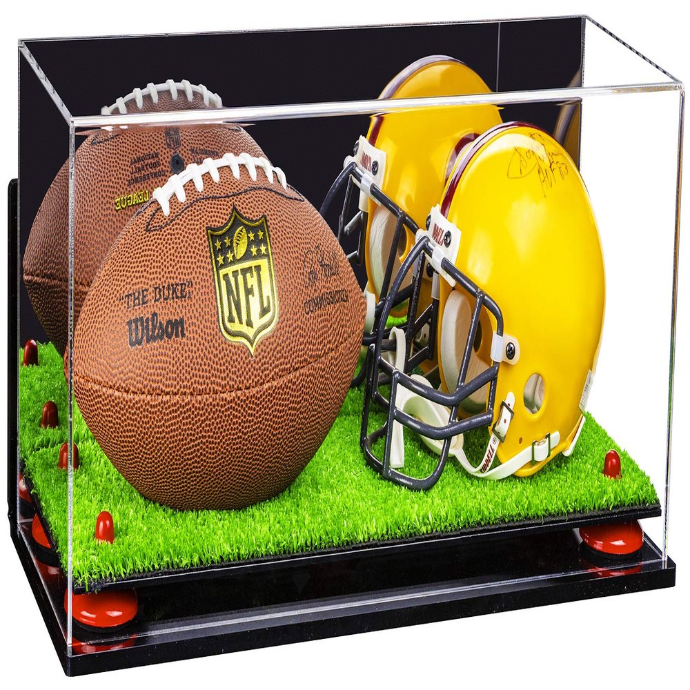 Better Display Cases Acrylic Mini - Miniature (not Full Size) Football, Helmet Display Case with Mirror Case, Red Risers, Turf Base and WallMount (A019-RR)