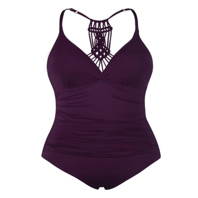 Firpearl Women's V Neck Push Up One Piece Swimsuits Braid Macrame Ruched Tummy Control Swimwear Deep Merlot US14