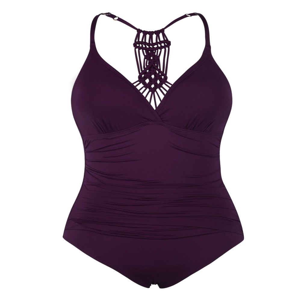 Firpearl Women's V Neck Push Up One Piece Swimsuits Braid Macrame Ruched Tummy Control Swimwear Deep Merlot US14