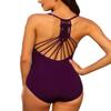 Firpearl Women's V Neck Push Up One Piece Swimsuits Braid Macrame Ruched Tummy Control Swimwear Deep Merlot US14 view 2