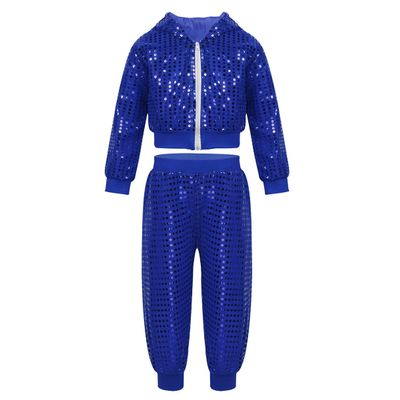 Moily Kids Boys Girls Sequins Hiphop Street Dance Costume Hooded Jacket Top with Pants Modern Latin Jazz Performance Set Shiny Blue 3-4 Years