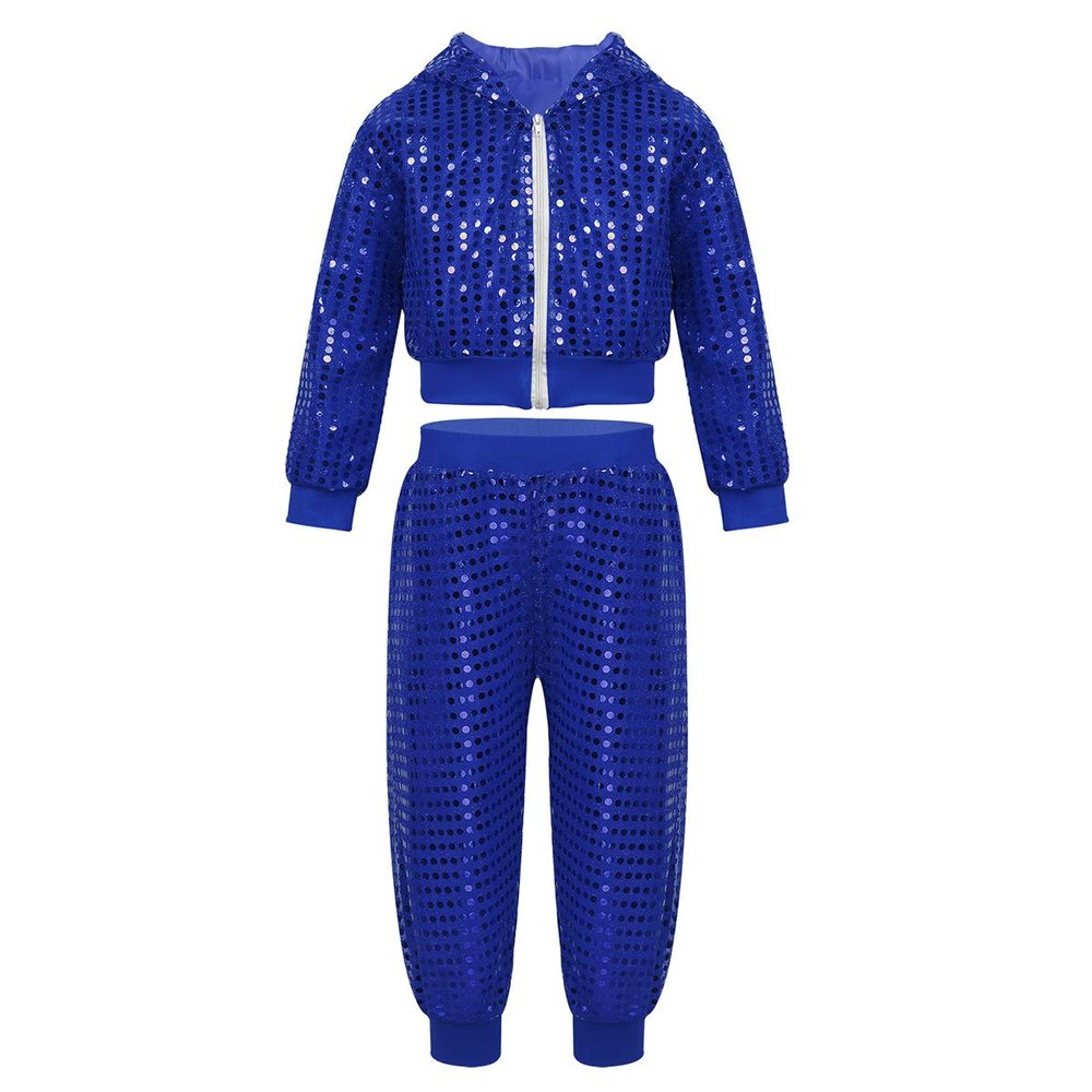Moily Kids Boys Girls Sequins Hiphop Street Dance Costume Hooded Jacket Top with Pants Modern Latin Jazz Performance Set Shiny Blue 3-4 Years