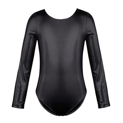 Freebily Girls Metallic One-Piece Dance Bodysuit Long Sleeves Gymnastics Ballet Dance Leotard Unitard Patent Leather Jumpsuit Black 5-6 Years