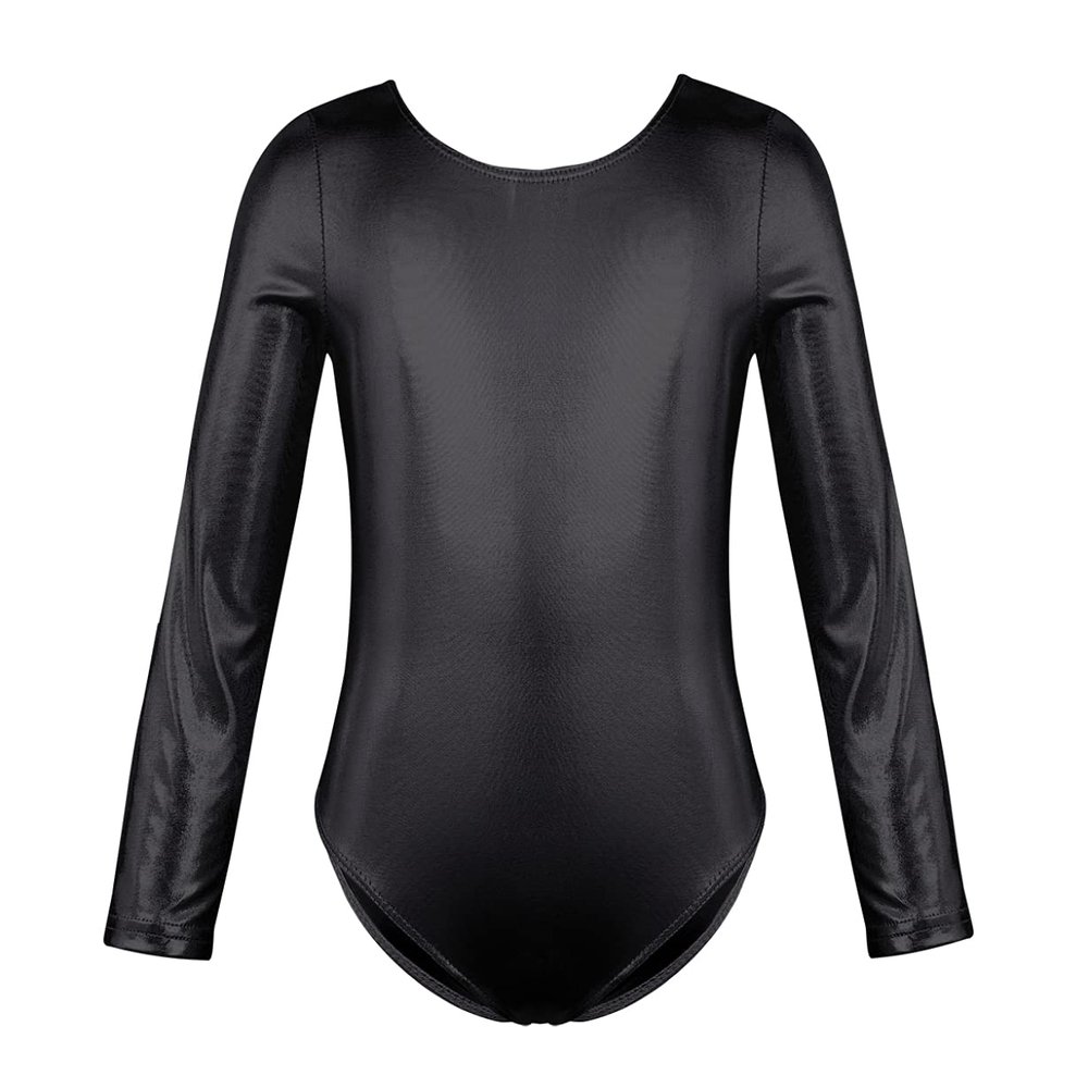 Freebily Girls Metallic One-Piece Dance Bodysuit Long Sleeves Gymnastics Ballet Dance Leotard Unitard Patent Leather Jumpsuit Black 5-6 Years