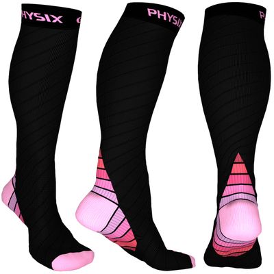 Physix Gear Compression Socks - Best Men & Womens Compression Socks for Circulation, Running, Nurses, Athletic Use Sock Compression, Blood Pressure Socks, Calcetines de Compresion, Black/Pink, XXL