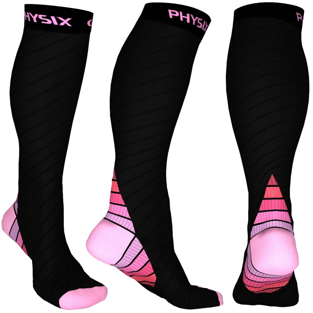 Physix Gear Compression Socks - Best Men & Womens Compression Socks for Circulation, Running, Nurses, Athletic Use Sock Compression, Blood Pressure Socks, Calcetines de Compresion, Black/Pink, XXL