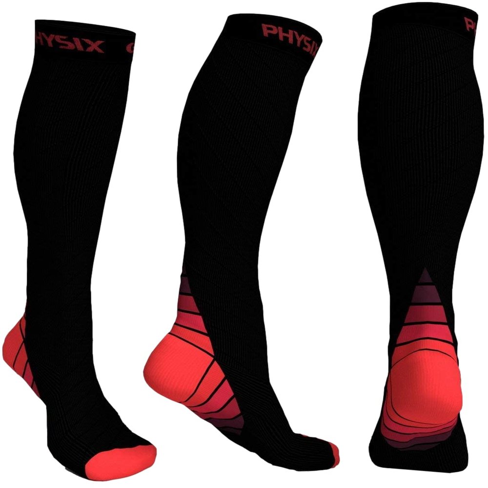 Physix Gear Compression Socks - Best Men & Womens Compression Socks for Circulation, Running, Nurses, Athletic Use Sock Compression, Blood Pressure Socks, Calcetines de Compresion, Black/Red, XXL
