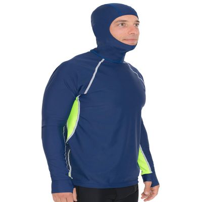 Tuga Men's Snorkel Hooded Rash Guard, UPF 50+, USA Made, Navy/Neon Green, XS