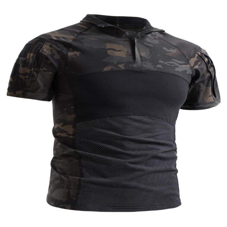 AKARMY Men's Military Short Sleeve T-Shirt, Tactical Cargo Pullover Polo Shirts, Outdoor Camo Shirt with 1/4 Zipper 0312 Dark CP
