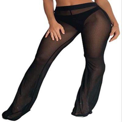 Awoscut Women See Through Sheer Mesh Pants Beach Swimsuit Bikini Bottom Cover up Party Club Elastic High Waist Wide Leg Pants (D-Black, XL)