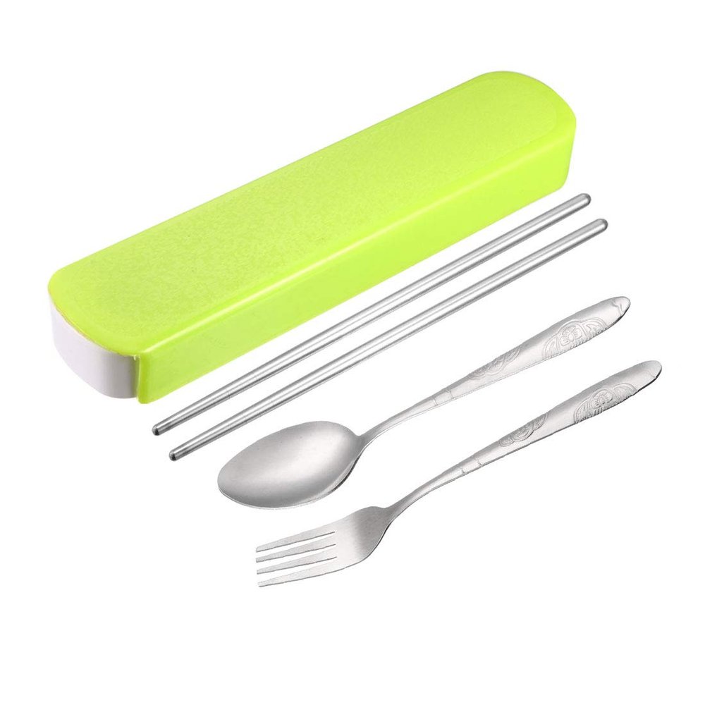 uxcell 3-in-1 Stainless Steel Fork Spoon Chopsticks Set Travel Cutlery Set Portable Flatware Set Reusable Tableware Utensils with Plastic Case